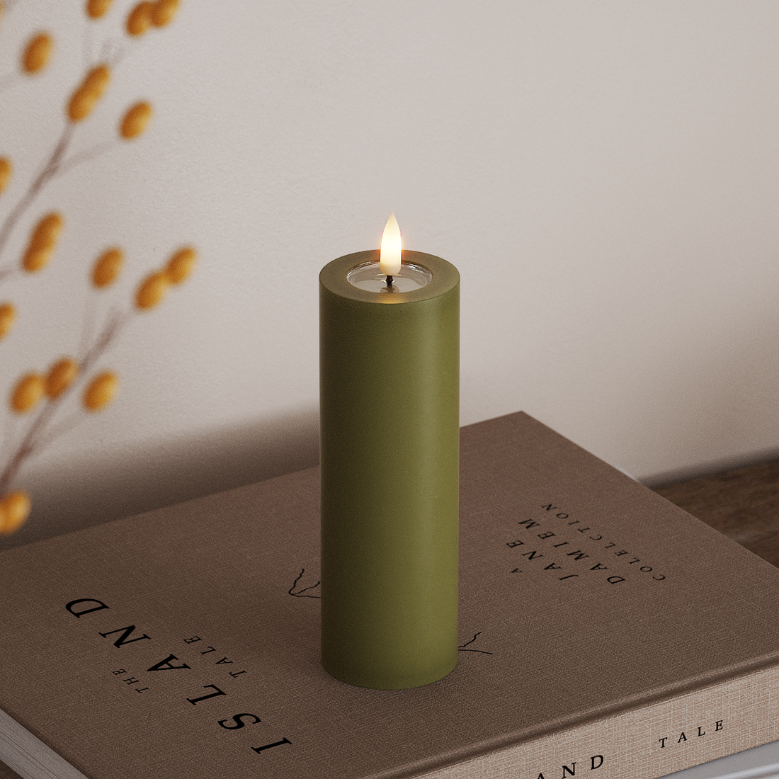 Deluxe Homeart LED Bloklys Ø 5 x 15 cm Olivengrøn LED bloklys 4