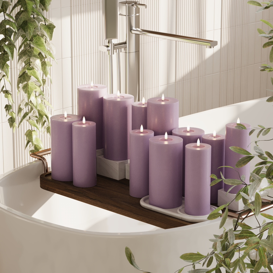 Deluxe Homeart LED bloklys pakke - Lyslilla - 6x 7,5 x 20 | 6x 10 x 20 cm pakke 1